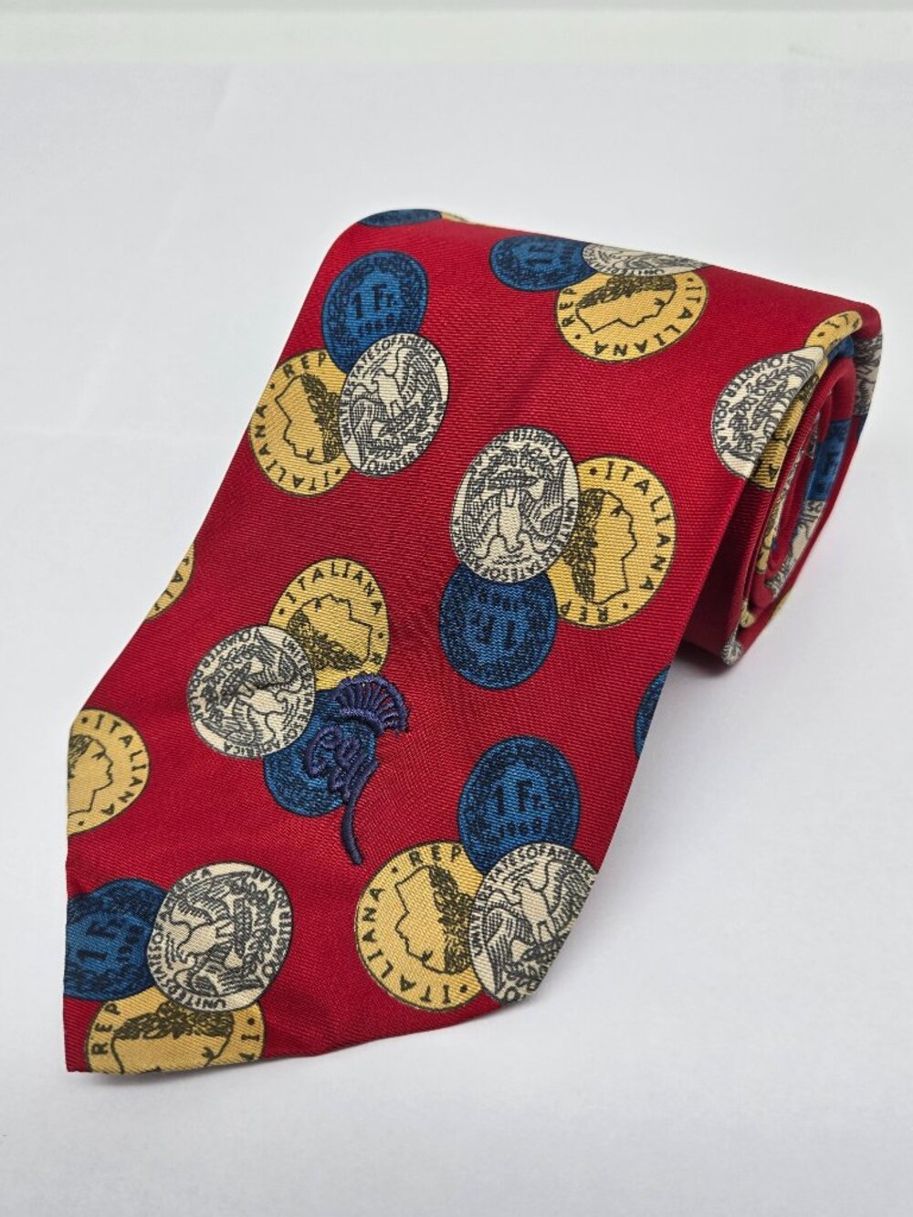 Vintage 1950s Countess Mara Silk Novelty Mens Tie, Coins, Red, 54"